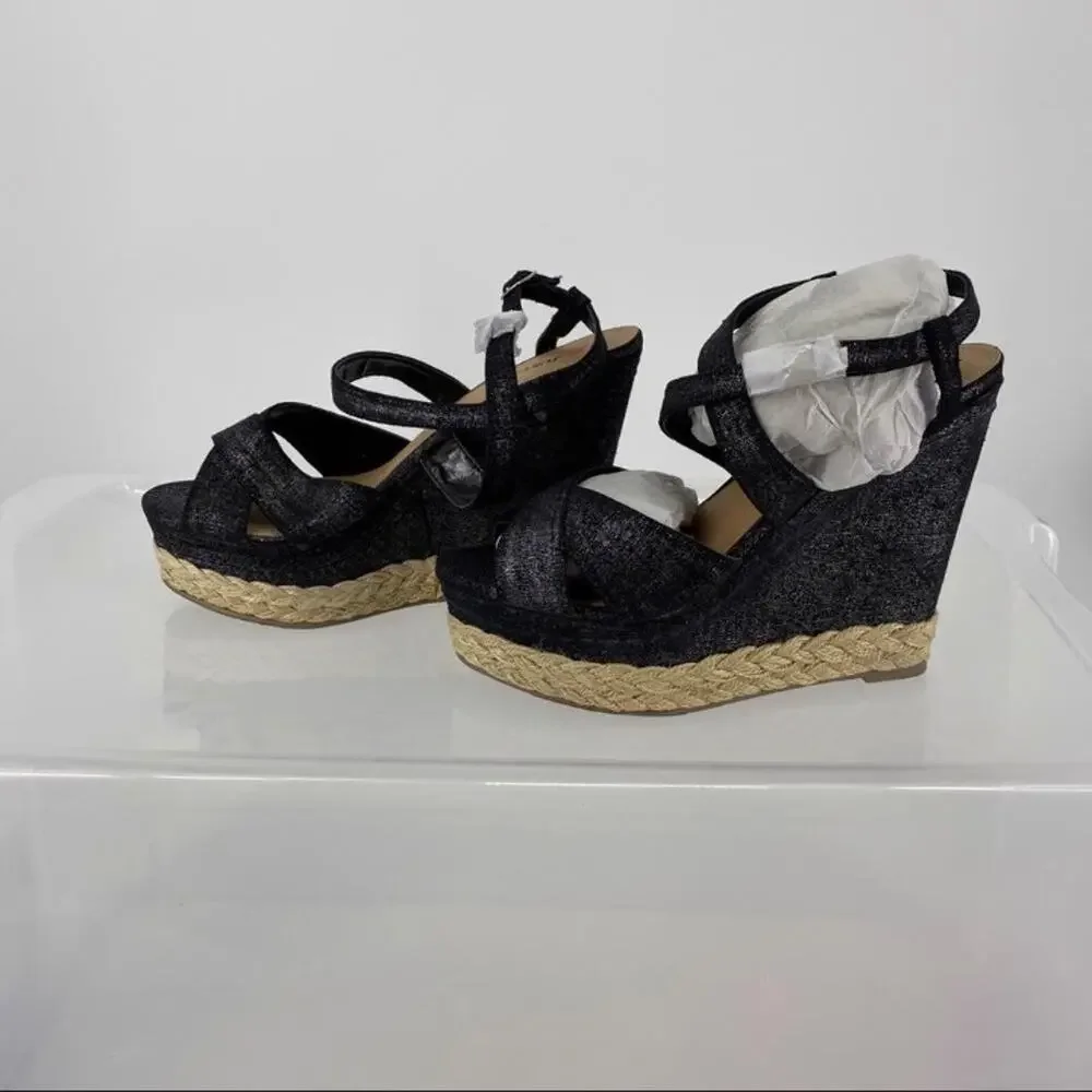 JustFab metallic black canvas cross strap platform wedges braided buckle. Sz 9